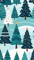 Festive pattern of stylized Christmas trees on a snowy background