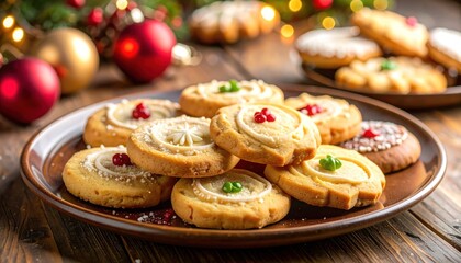 Festive plate of cookies with decorations and Christmas ornaments