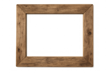Rustic wooden picture frame border on transparent background, offering space for images, text, or artwork to be inserted