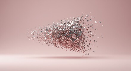 Abstract visualization of a structured object disintegrating into floating light fragments, fading away into a pure, infinite, blank void ,three dimensional ,removal ,blank