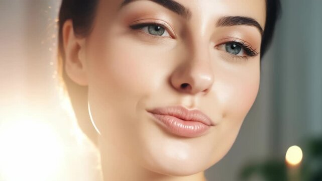 A woman with a radiant smile and glowing skin, looking directly into the camera under soft lighting.