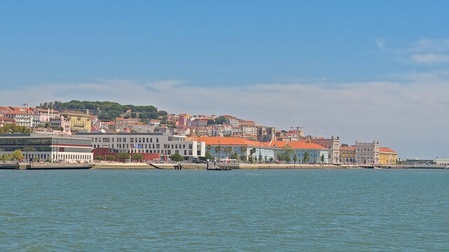 View from Tagus river on the city of Lisbon and Praca do comercio. Portugal 