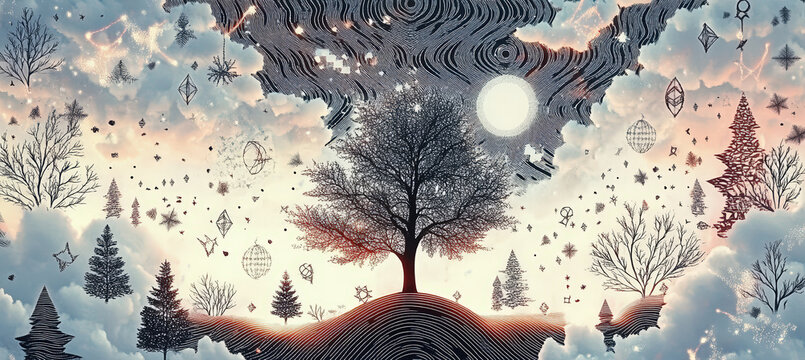 A serene winter landscape illustration showing a red sunset over pine trees reflected in snow, artistic fantasy style with hand-drawn minimal lines, warm-to-cold gradient tones, and dreamy surreal for