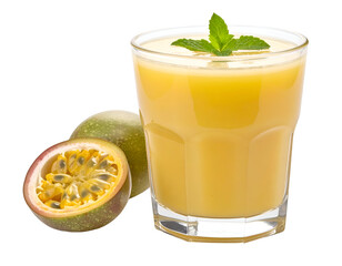 A refreshing glass of passion fruit juice garnished with fresh mint leaves and accompanied by whole and halved passion fruits