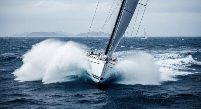 Luxury yacht sailing in rough seas. High performance sailboat crashing through a large wave. Extreme maritime sport and regatta competition. Teamwork overcoming adversity concept