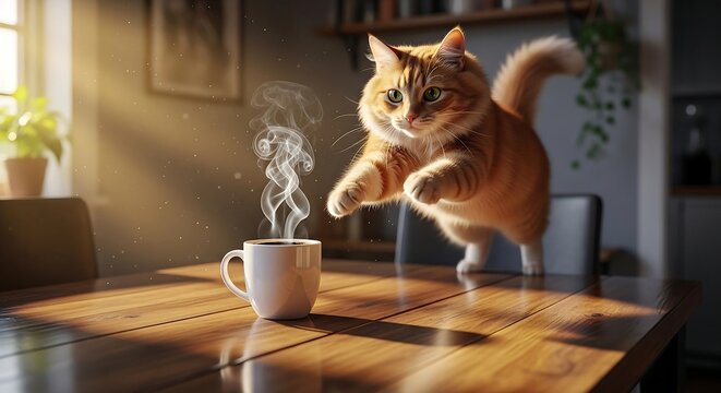 orange cat jumping over a steaming coffee cup on a wooden table at home creating a playful cozy mood ideal for pet blogs and lifestyle articles