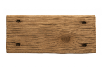 Empty rustic wooden plank offering a textured brown surface with knots, ready for text or graphics. Transparent background