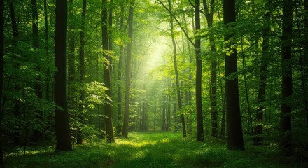 Obraz premium Dense woodland backdrop showing lush green foliage, tall trees, and filtered sunlight creating a peaceful natural environment ,trunk ,daylight ,background