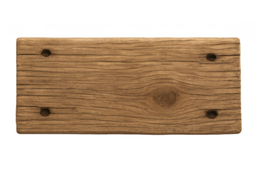 Empty rustic wooden plank offering a textured brown surface with knots, ready for text or graphics. Transparent background