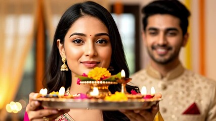 A joyful young South Asian woman in a colorful traditional outfit holds a decorative plate with flowers and lights during a festival celebration, with a smiling young man in the background.
