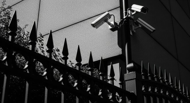 Urban surveillance system with multiple CCTV cameras. Perimeter security with a spiked metal fence. Total property monitoring for safety and control. Modern electronic security technology