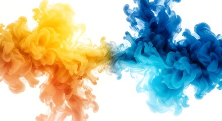 Abstract explosion of vibrant blue and orange ink clouds in water