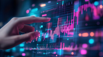 Obraz premium Hand pointing at holographic chart, business analytics concept