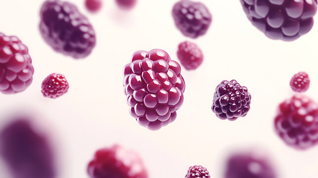 This image showcases a close-up of several blackberries floating, highlighting their fresh and juicy appearance with vibrant purple color.