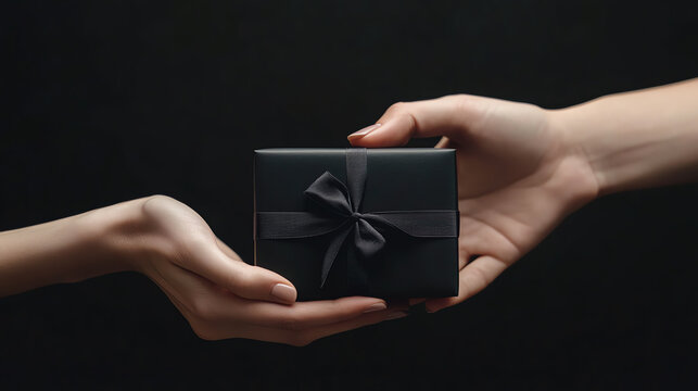 Male and female hands exchanging minimalist black gift box, modern luxury, refined celebration concept