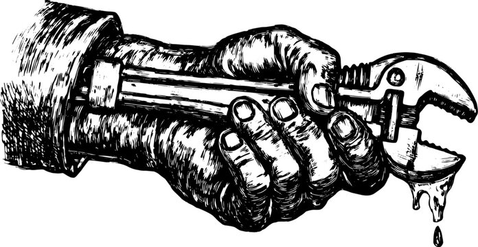 Wrench held in a hand. Vintage illustration of a mechanical tool with detail and craftsmanship, presented in black and white vector.