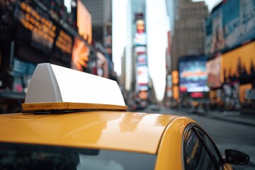 Rooftop taxi advertisement mockup with white blank display, vibrant Times Square behind, urban New York branding and billboard design concept