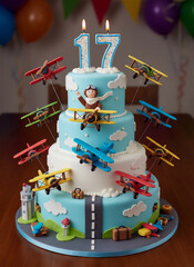 Aviation-Themed 17th Birthday Cake - Pilot Figurine and Airplane Decorations for Flight Enthusiast Celebration
