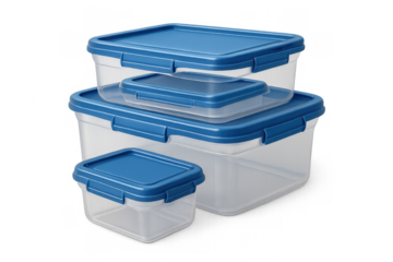Stacked clear plastic food storage containers with blue lids, organizing kitchen leftovers and meal prep with airtight freshness