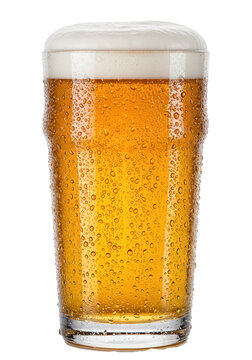 Photorealistic, ice-cold nonic pint glass overflowing with effervescent golden lager and creamy microfoam, dramatic rim lighting on infinite white background. Concept for immediate refreshment