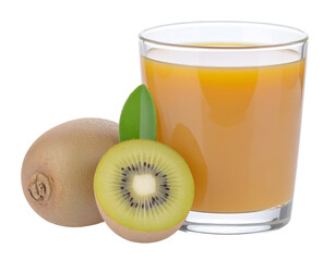 A refreshing glass of fruit juice accompanied by fresh kiwi and a whole kiwi fruit on a clean background