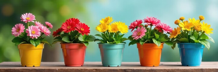 A cheerful array of colorful flowerpots bursting with vibrant blooms, ready to brighten any home or garden Perfect for spring, summer, gardening, and home decor projects , outdoor, petals, growth