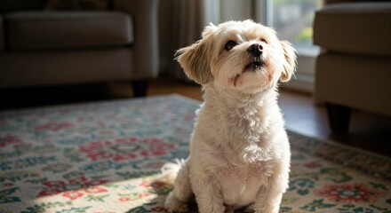 Adorable fluffy white dog looking up attentively