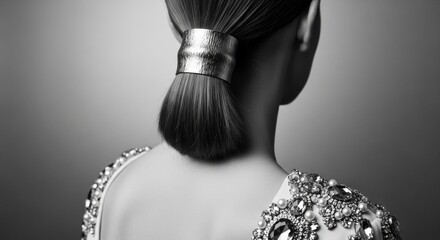 Elegant female with a modern ponytail hairstyle. Luxury metallic hair accessory detail. High fashion couture dress with jewel and pearl embellishments. Sophisticated monochrome beauty concept