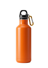 Safety orange powder-coated stainless steel reusable water bottle with a matte black cap and gold carabiner, isolated on white background with copy space, concept for outdoor gear advertising.