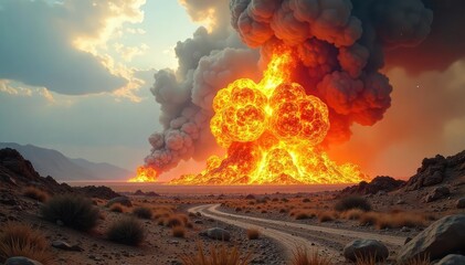 A fiery explosion engulfs a desolate landscape, sending debris and smoke billowing into the air, a dramatic display of destructive power and intense heat ,  accident,  uncontrolled