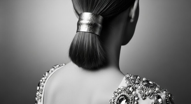 Elegant female with a modern ponytail hairstyle. Luxury metallic hair accessory detail. High fashion couture dress with jewel and pearl embellishments. Sophisticated monochrome beauty concept