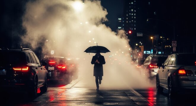 A solitary man with an umbrella navigating a steamy city street at night. Cinematic urban noir scene with traffic lights. Conceptual visual for mystery, journey and perseverance