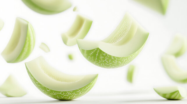 Sliced green melon pieces are floating, showcasing their fresh and juicy appearance, ideal for highlighting fruit freshness.