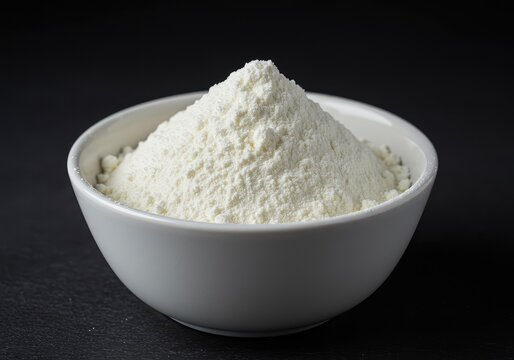A detailed close-up shot showing the fine, white texture of dairy powder milk heaped in a simple ceramic serving bowl, highlighting nutrition and utility ,reconstitution ,heap ,alternative