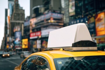 Yellow taxi with blank roof ad panel for commercial branding, New York Times Square lights and traffic in background, realistic city advertising mockup