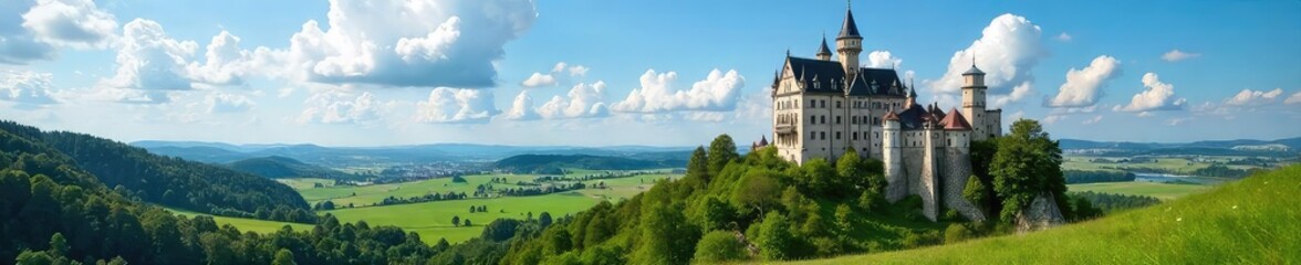 A majestic medieval castle stands proudly amidst rolling green hills under a vibrant blue sky, embodying the charm of Central European landscapes ,  fields,  heritage site