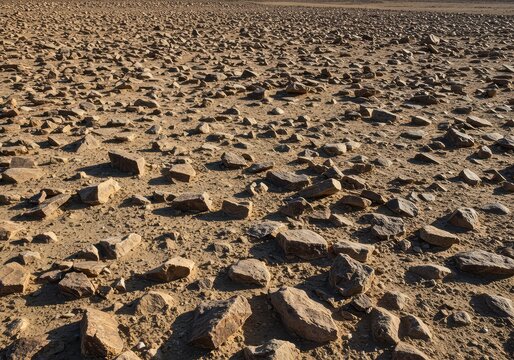 A harsh, desolate landscape featuring countless angular stones covering the arid ground under a strong, bright midday sun. Extreme dry environment ,extreme environment ,barren ,midday