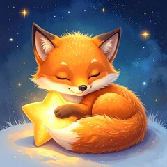 A sweet cartoon fox is peacefully sleeping on a snow-covered hill, hugging a glowing golden star under a starry night sky