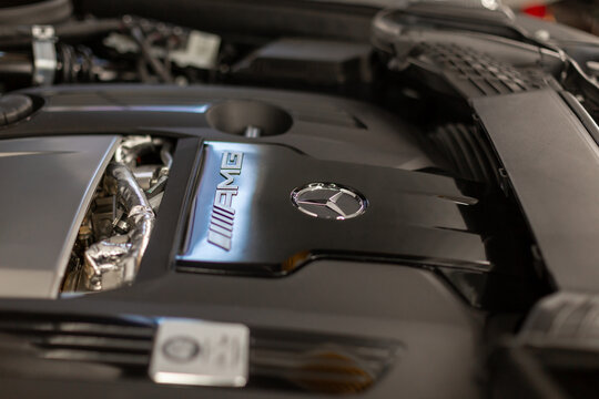 Mercedes-Benz G63 AMG 4x4 W465 engine close-up. Close up of Mercedes-Benz AMG Gel&auml;ndewagen engine. Car engine. Car engine and parts under hood bonnet. German car. 