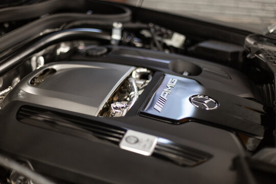 Mercedes-Benz G63 AMG 4x4 W465 engine close-up. Close up of Mercedes-Benz AMG Gel&auml;ndewagen engine. Car engine. Car engine and parts under hood bonnet. German car. 