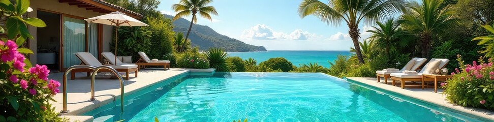 A sparkling turquoise pool, surrounded by lush greenery and vibrant flowers, under a clear summer sky Luxury resort, idyllic vacation vibes, summer escape , hotel, turquoise, opulent