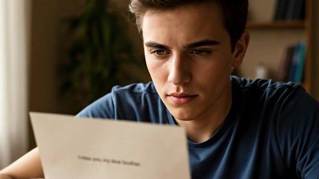 A reflective 18-year-old Caucasian male gazes thoughtfully at a heartfelt letter expressing deep emotions of longing for his dear brother, capturing a moment of nostalgia and connection.