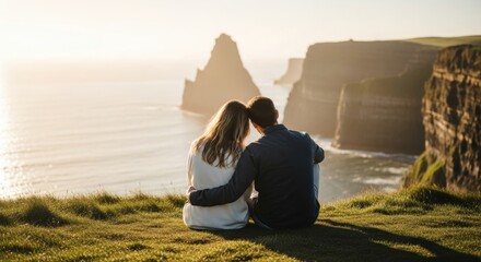 Young Caucasian couple embracing on a cliffside. Watching the sunset over the ocean. Romantic travel destination for two. Relationship goals and future planning concept