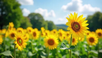 Obraz premium A vibrant field of sunflowers swaying gently in a sunny park, creating a picturesque landscape Perfect for summer, nature, and tranquility themes , clouds, environment