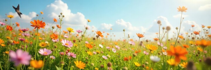 A vibrant summer scene, filled with wildflowers swaying in the breeze, capturing a feeling of untamed joy and carefree abandon , dreamy, positive, plant life