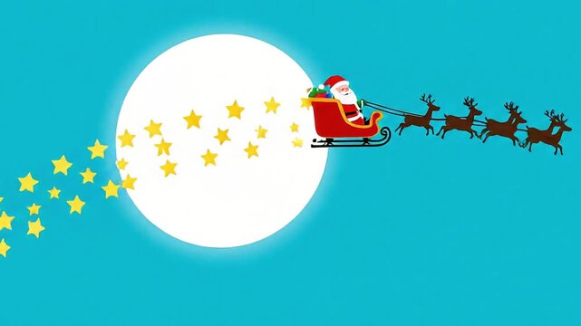 Bright turquoise background Animation of Santa in a sleigh flying over the moon