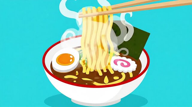 Animation of eating a bowl of ramen with chopsticks