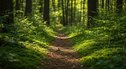 Obraz premium A tranquil forest pathway covered in soft green moss and dappled sunlight, creating a profound space for quiet introspection and deep natural peace ,mindfulness ,retreat ,trees