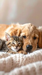 A sweet moment captured featuring a sleeping tabby kitten nestled beside a calm golden-coated puppy. Both resting comfortably on a soft, knitted blanket