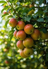 A vibrant, leafy fruit tree overflowing with ripe, colorful produce ready for picking under a bright sky, symbolizing nature's generous harvest ,garden ,leaves ,environment